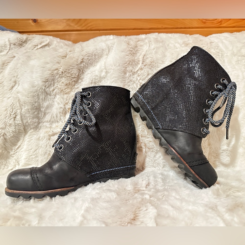 Sorel 1964 Premium PDX hidden wedge boots, black leather and snake skin